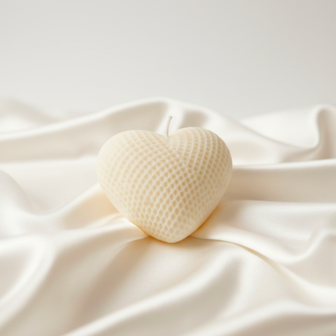 Heart-shaped white object on a textured white surface
