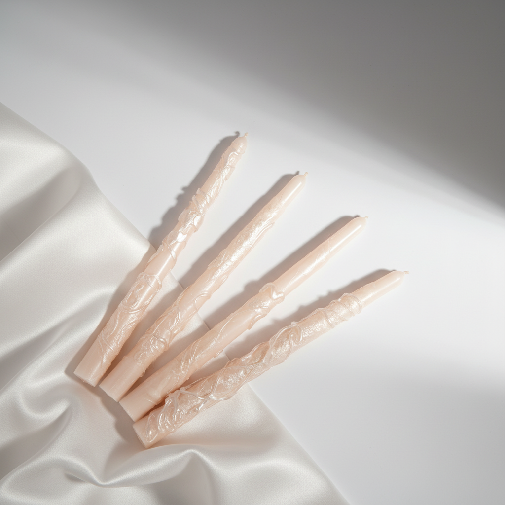 Four long taper candles with pearlescent appliqué