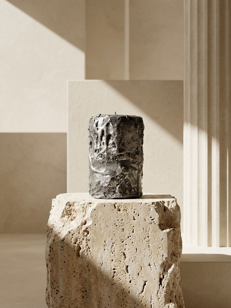 A dense, low silver form, its base pooling like mineral rising through rock