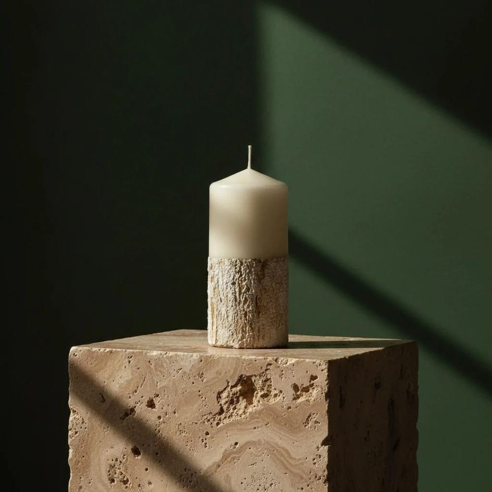 A tall ivory form on a sand-coloured, gold-threaded base — named for the hour it holds