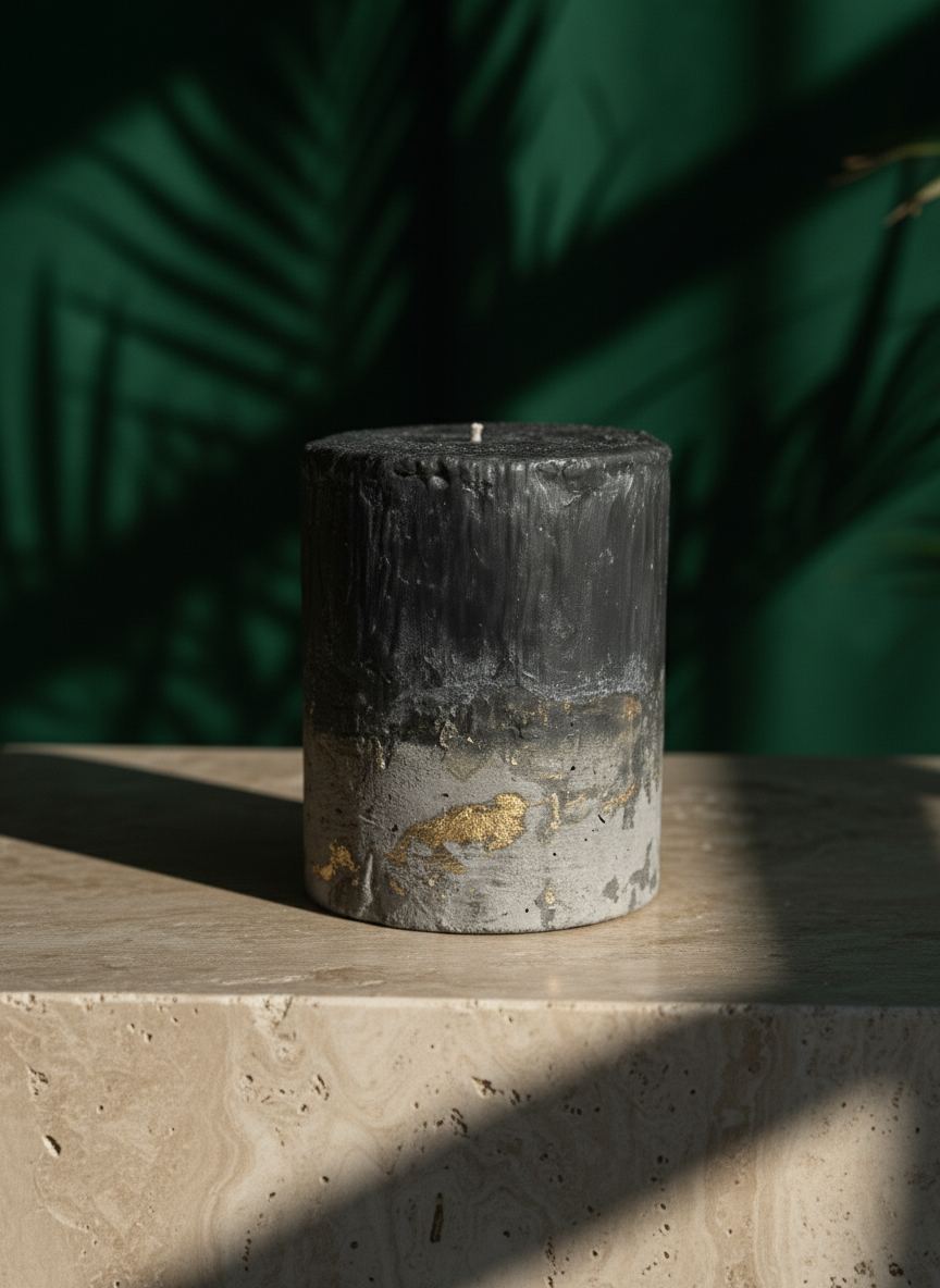 A single black wax form softened by gold, glowing faintly as if lit from within