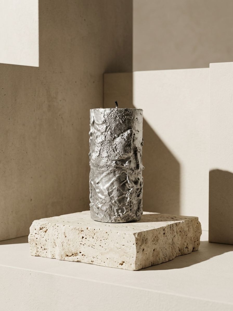 A taller silver form, texture fractured mid-shift, caught between stillness and motion