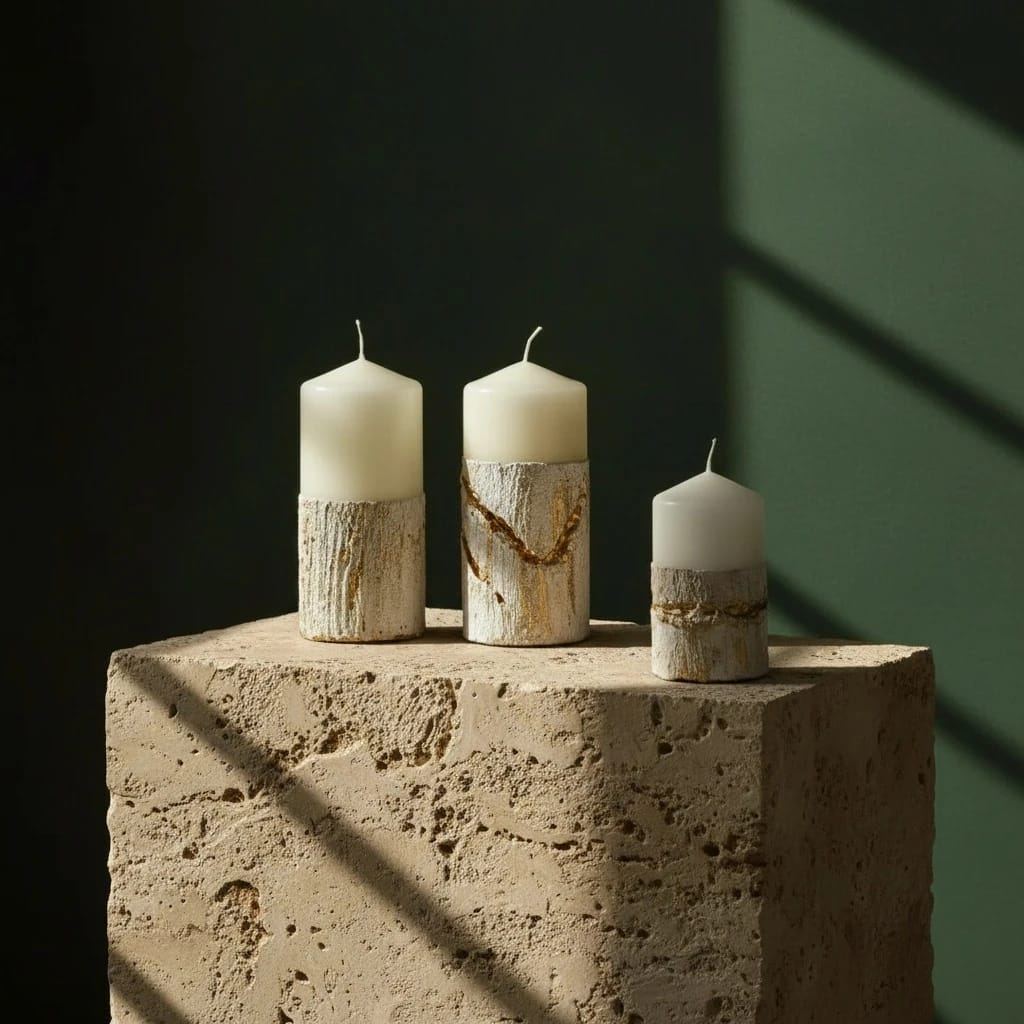 Three ivory forms rising from bark-textured, gold-threaded bases, lit by a wash of green shadow